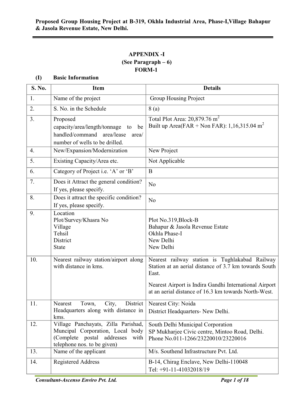 Proposed Group Housing Project at B-319, Okhla Industrial Area, Phase-I,Village Bahapur & Jasola Revenue Estate, New Delhi