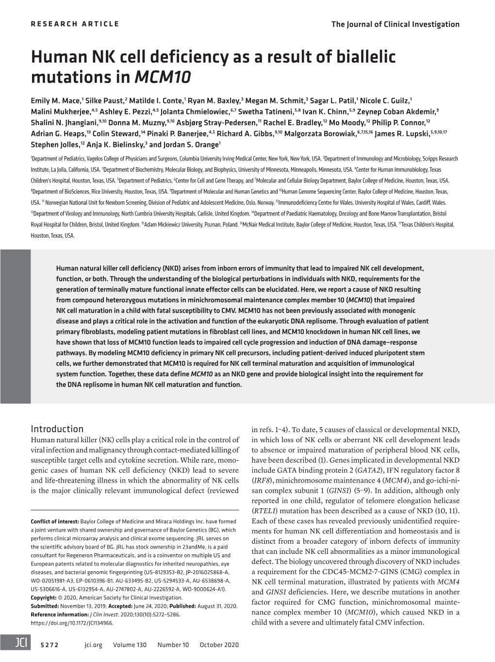 Human NK Cell Deficiency As a Result of Biallelic Mutations in MCM10