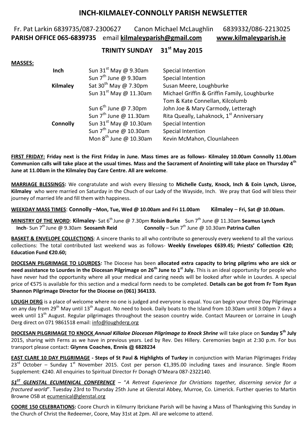 Inch-Kilmaley-Connolly Parish Newsletter