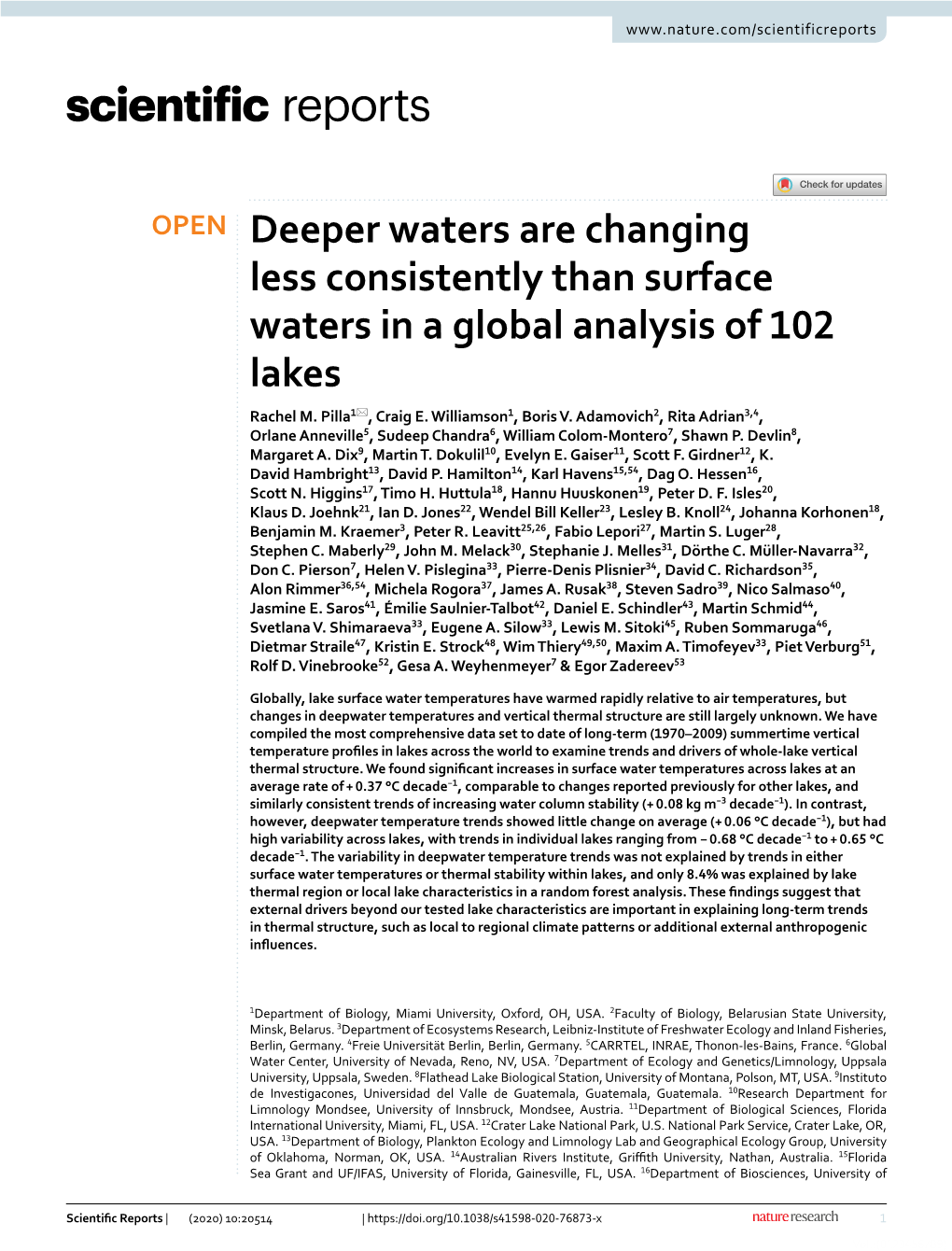 Deeper Waters Are Changing Less Consistently Than Surface Waters in a Global Analysis of 102 Lakes Rachel M