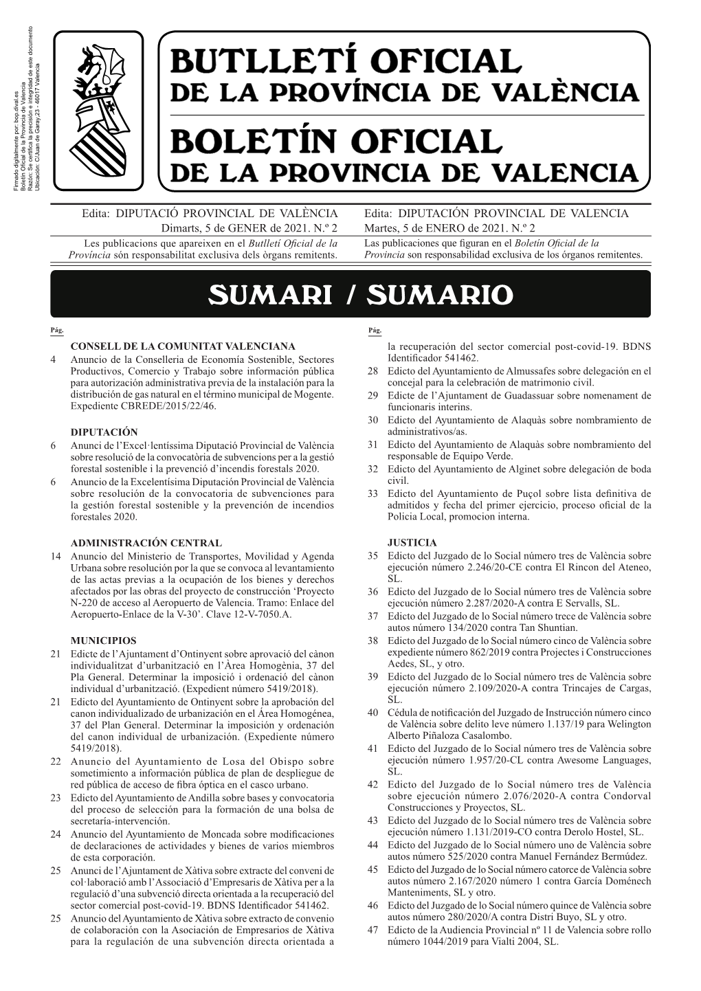 DIPUTACIÓ PROVINCIAL DE VALÈNCIA Edita: DIPUTACIÓN PROVINCIAL DE VALENCIA Dimarts, 5 De GENER De 2021