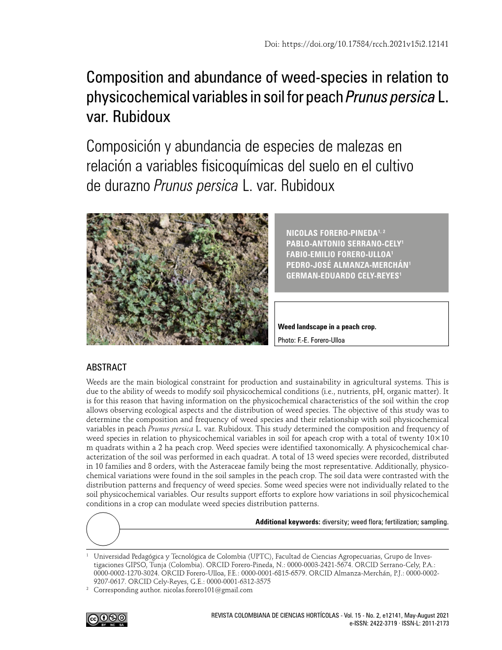 Composition and Abundance of Weed-Species in Relation to Physicochemical Variables in Soil for Peach Prunus Persica L