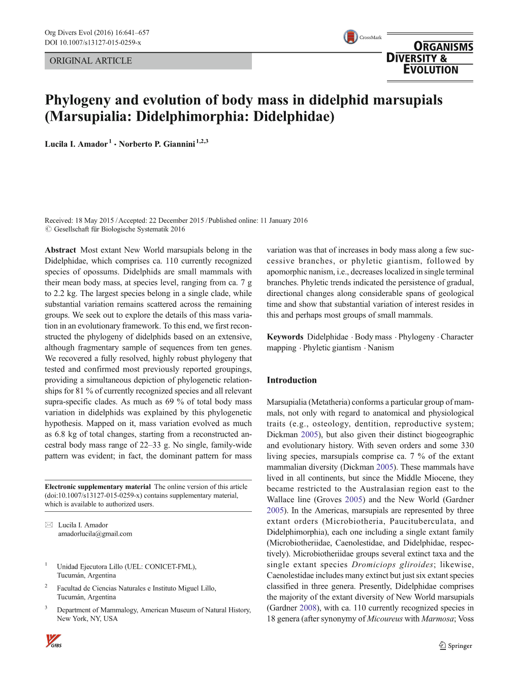 Phylogeny and Evolution of Body Mass in Didelphid Marsupials (Marsupialia: Didelphimorphia: Didelphidae)