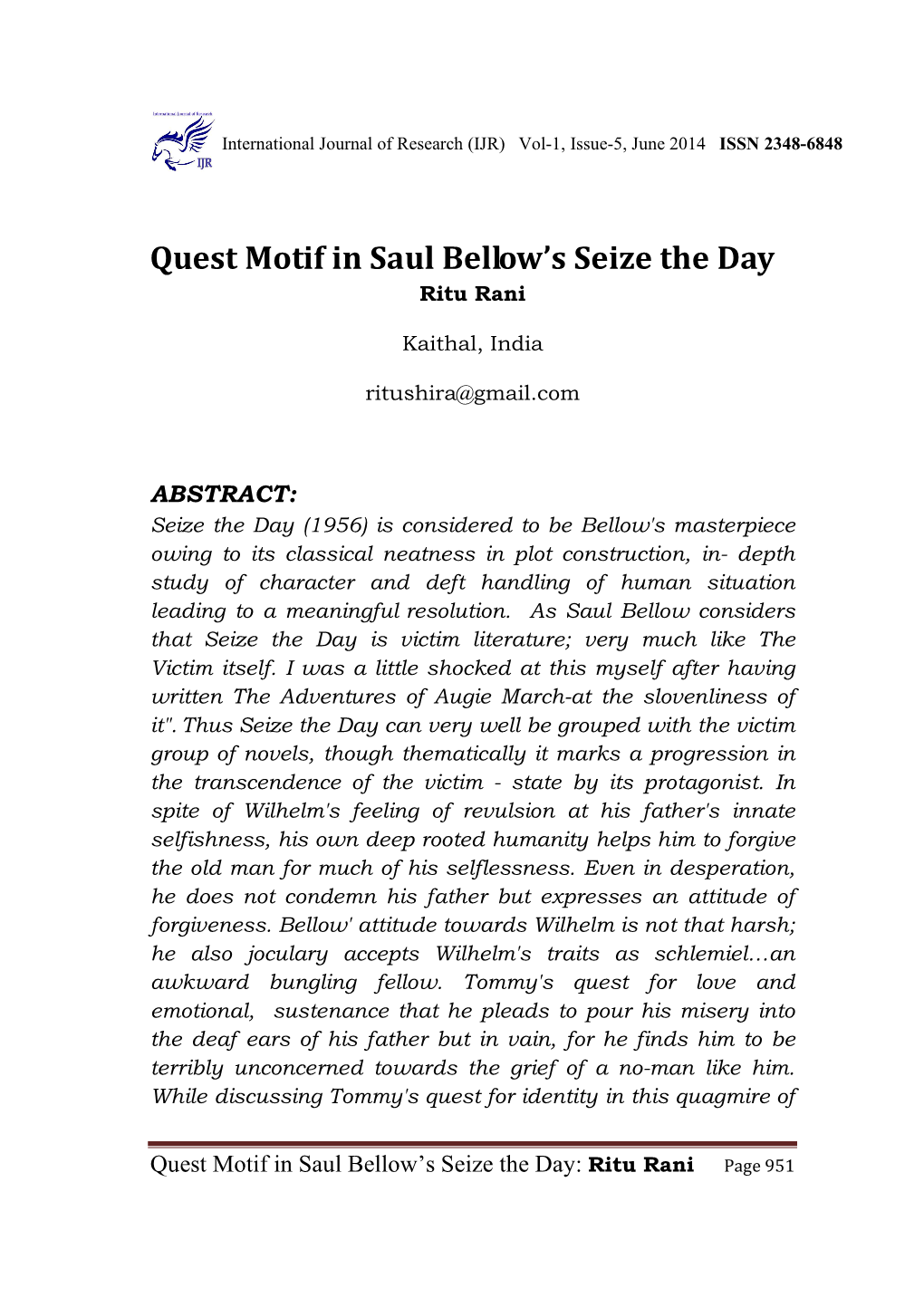 Quest Motif in Saul Bellow Seize The