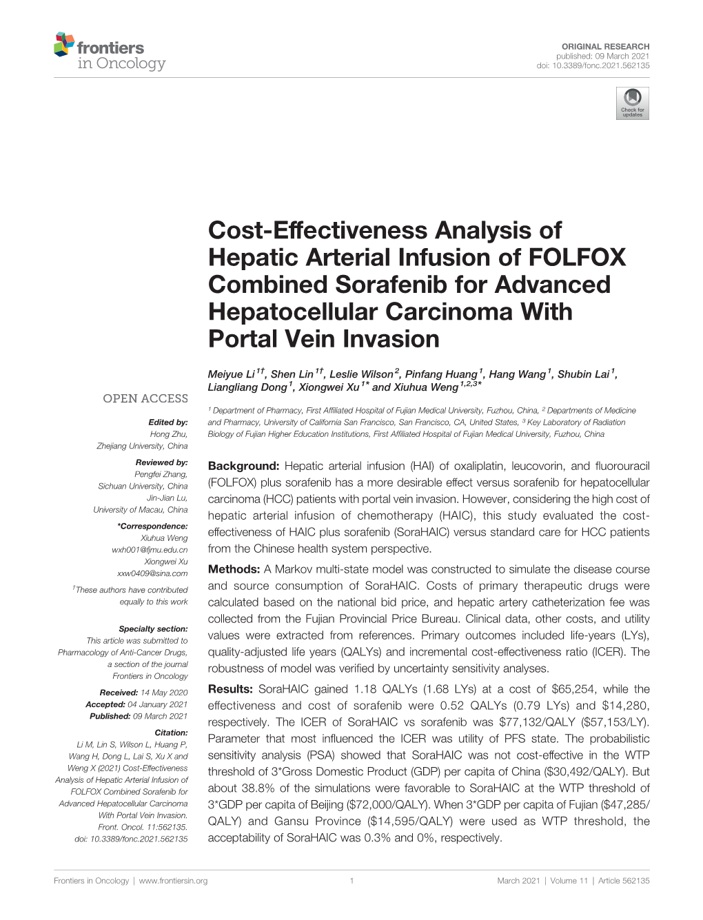 Cost-Effectiveness Analysis of Hepatic Arterial Infusion of FOLFOX Combined Sorafenib for Advanced Hepatocellular Carcinoma with Portal Vein Invasion