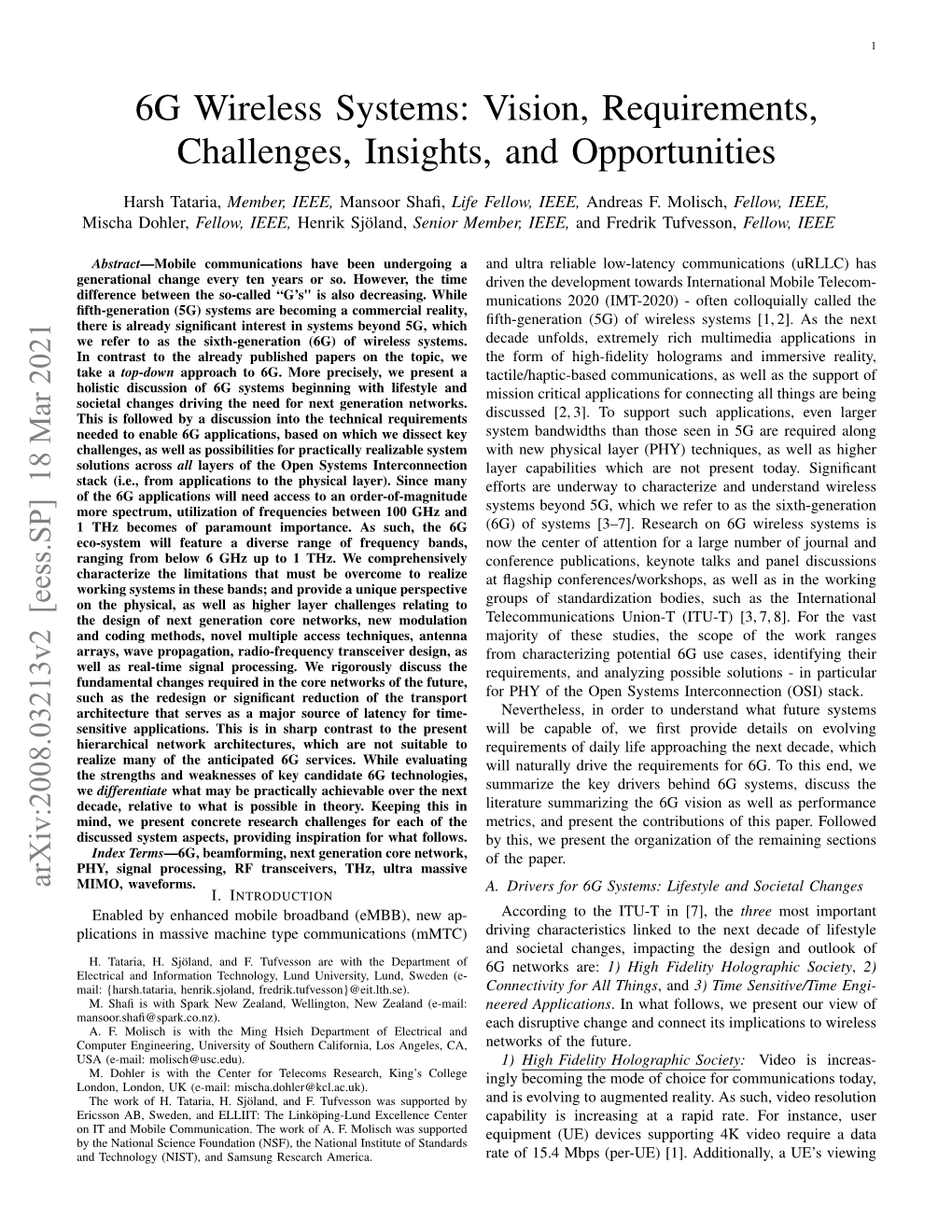 6G Wireless Systems: Vision, Requirements, Challenges, Insights, and Opportunities