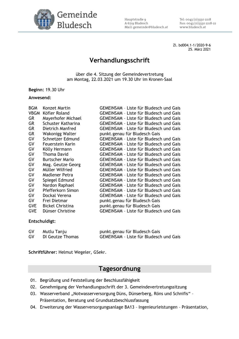 Verhandlungsschrift Tagesordnung