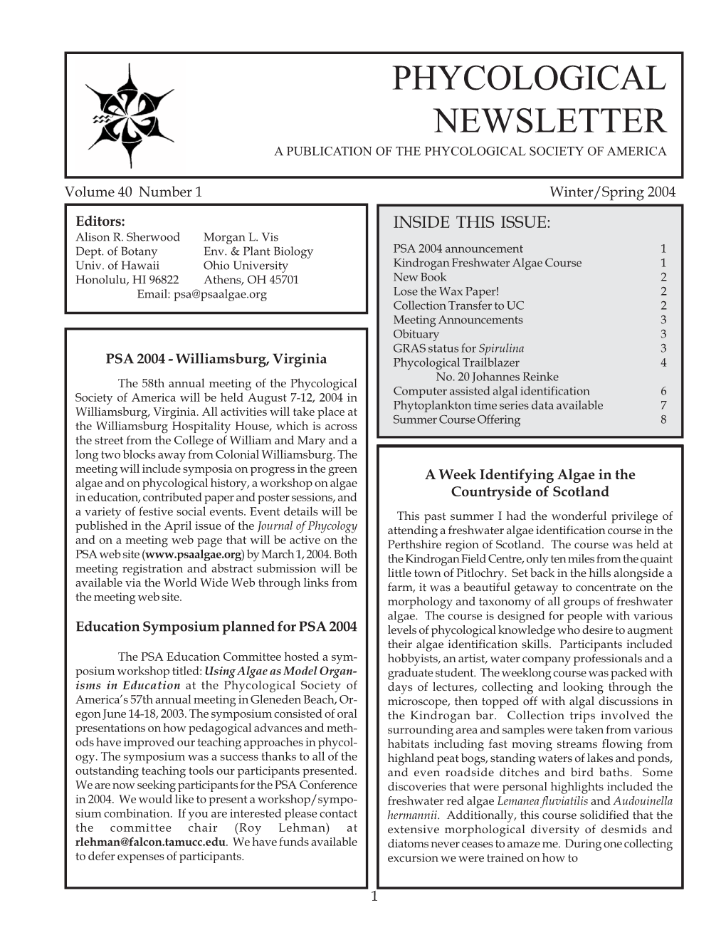 Phycological Newsletter a Publication of the Phycological Society of America