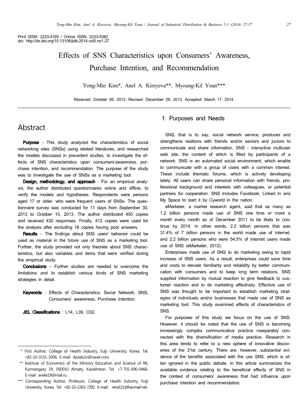 Effects of SNS Characteristics Upon Consumers' Awareness, Purchase