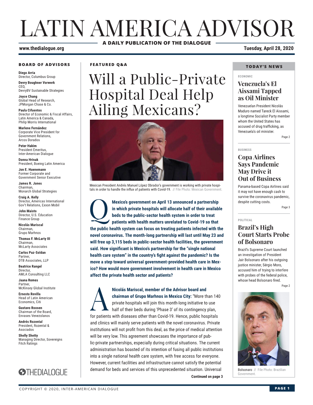 LATIN AMERICA ADVISOR a DAILY PUBLICATION of the DIALOGUE Tuesday, April 28, 2020