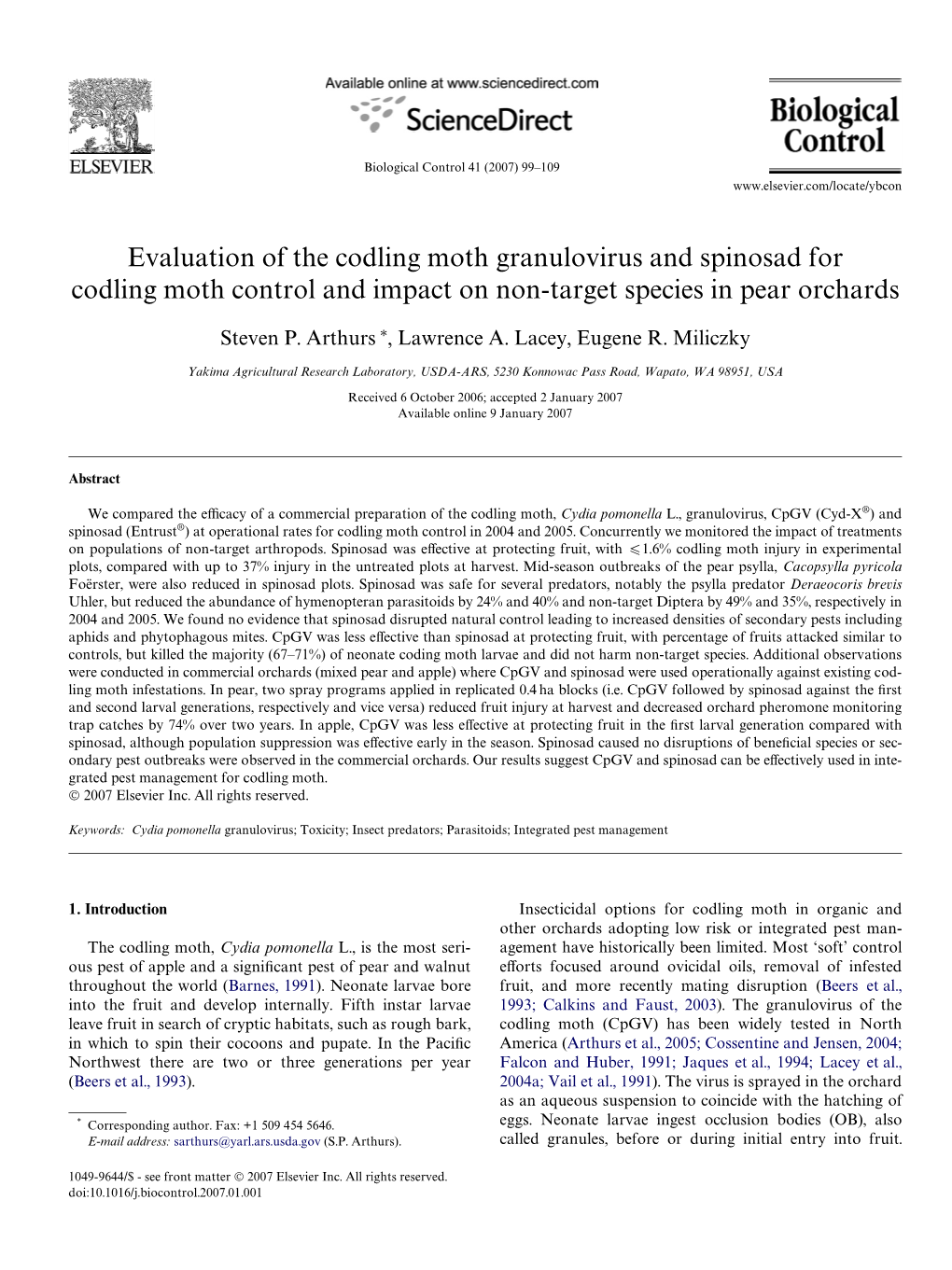 Evaluation of the Codling Moth Granulovirus and Spinosad for Codling Moth Control and Impact on Non-Target Species in Pear Orchards