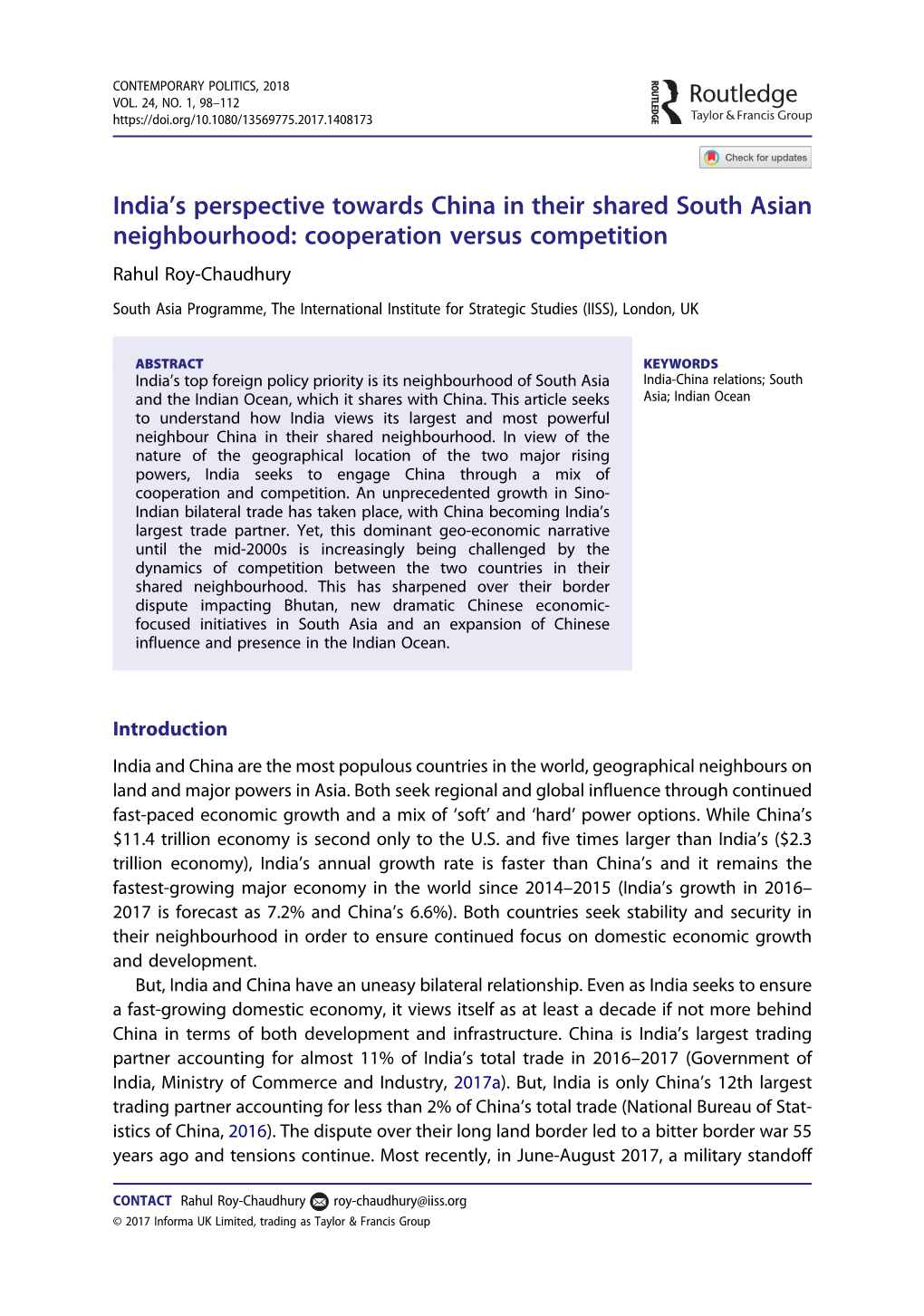 India's Perspective Towards China in Their Shared South Asian