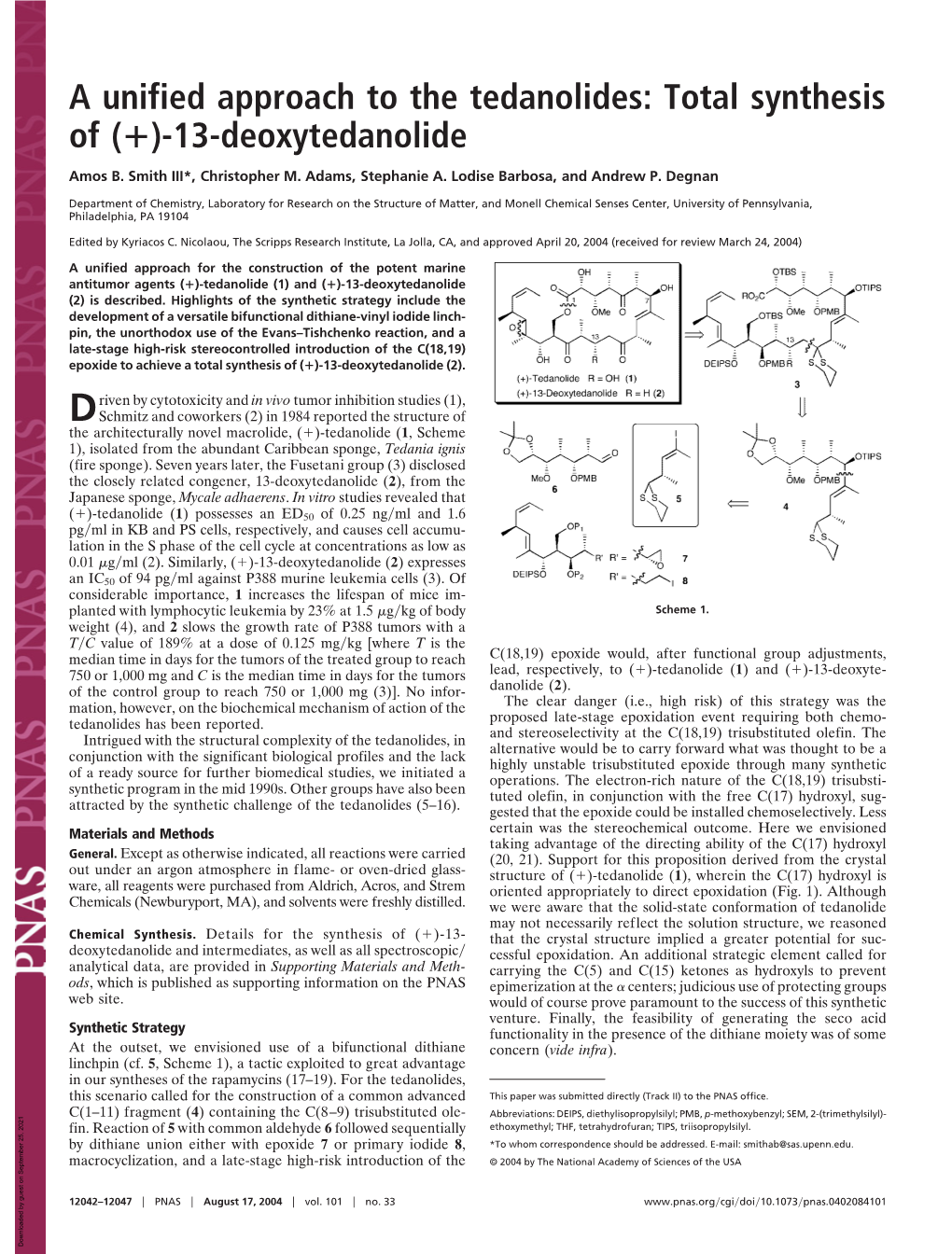 Total Synthesis of (؉)-13-Deoxytedanolide