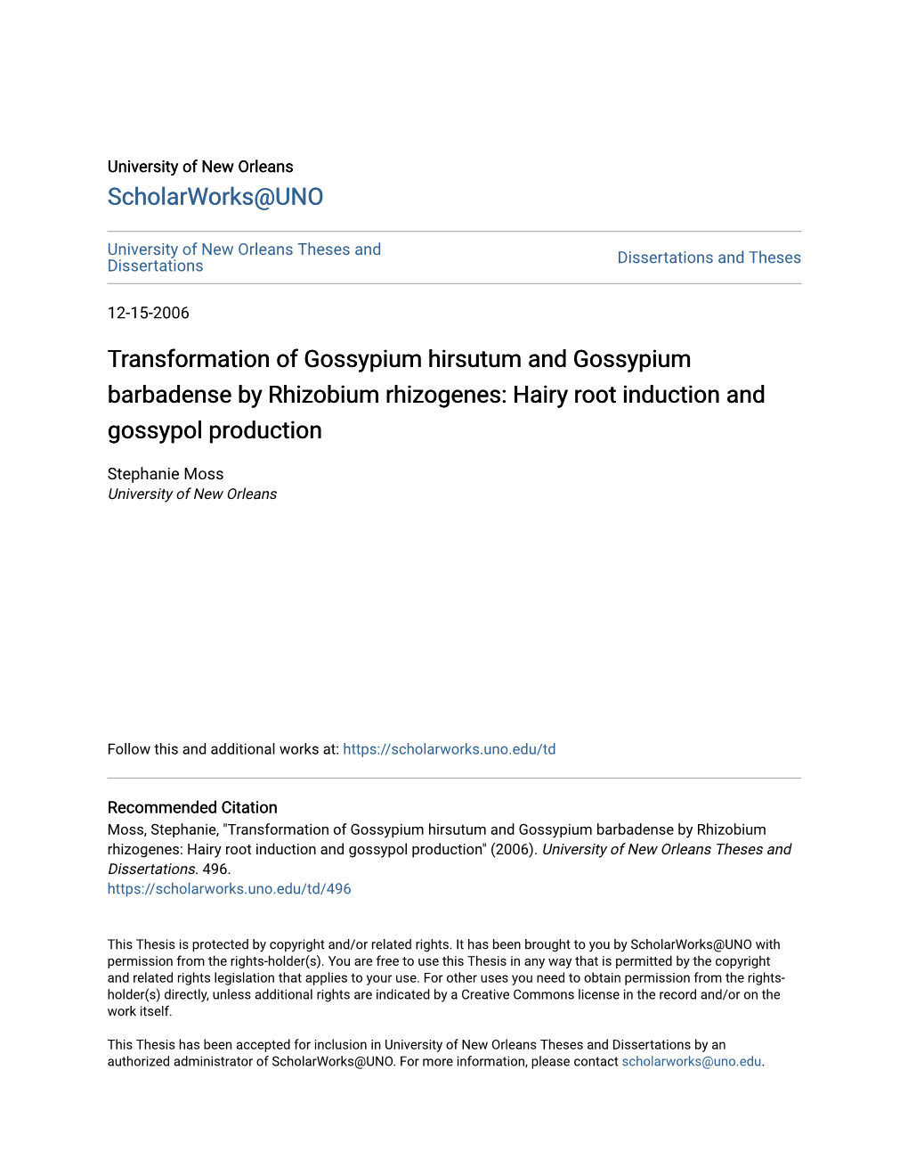 Transformation of Gossypium Hirsutum and Gossypium Barbadense by Rhizobium Rhizogenes: Hairy Root Induction and Gossypol Production