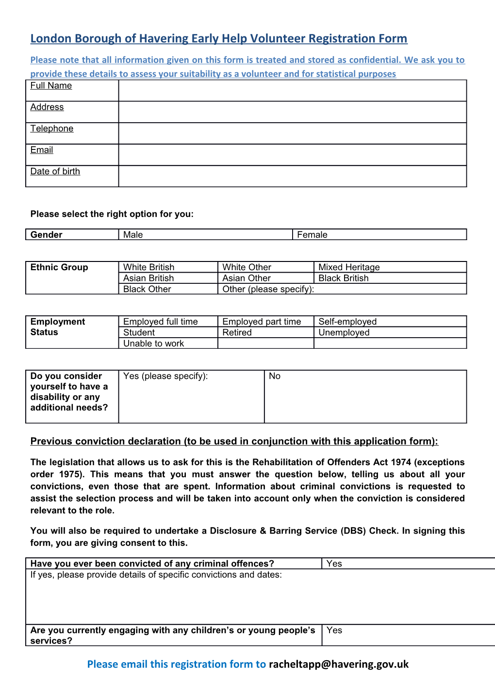 London Borough of Havering Early Help Volunteer Registration Form