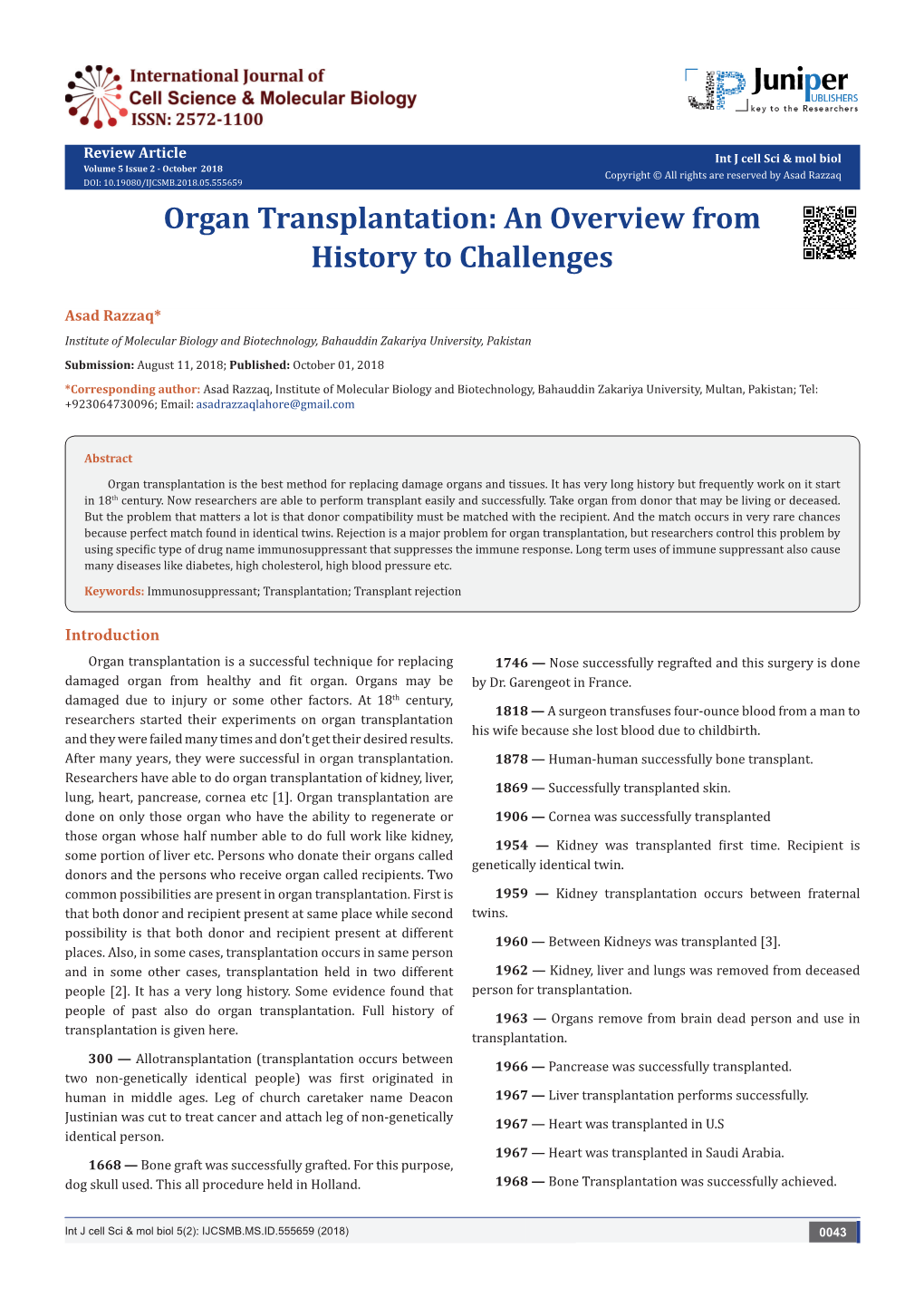 Organ Transplantation: an Overview from History to Challenges