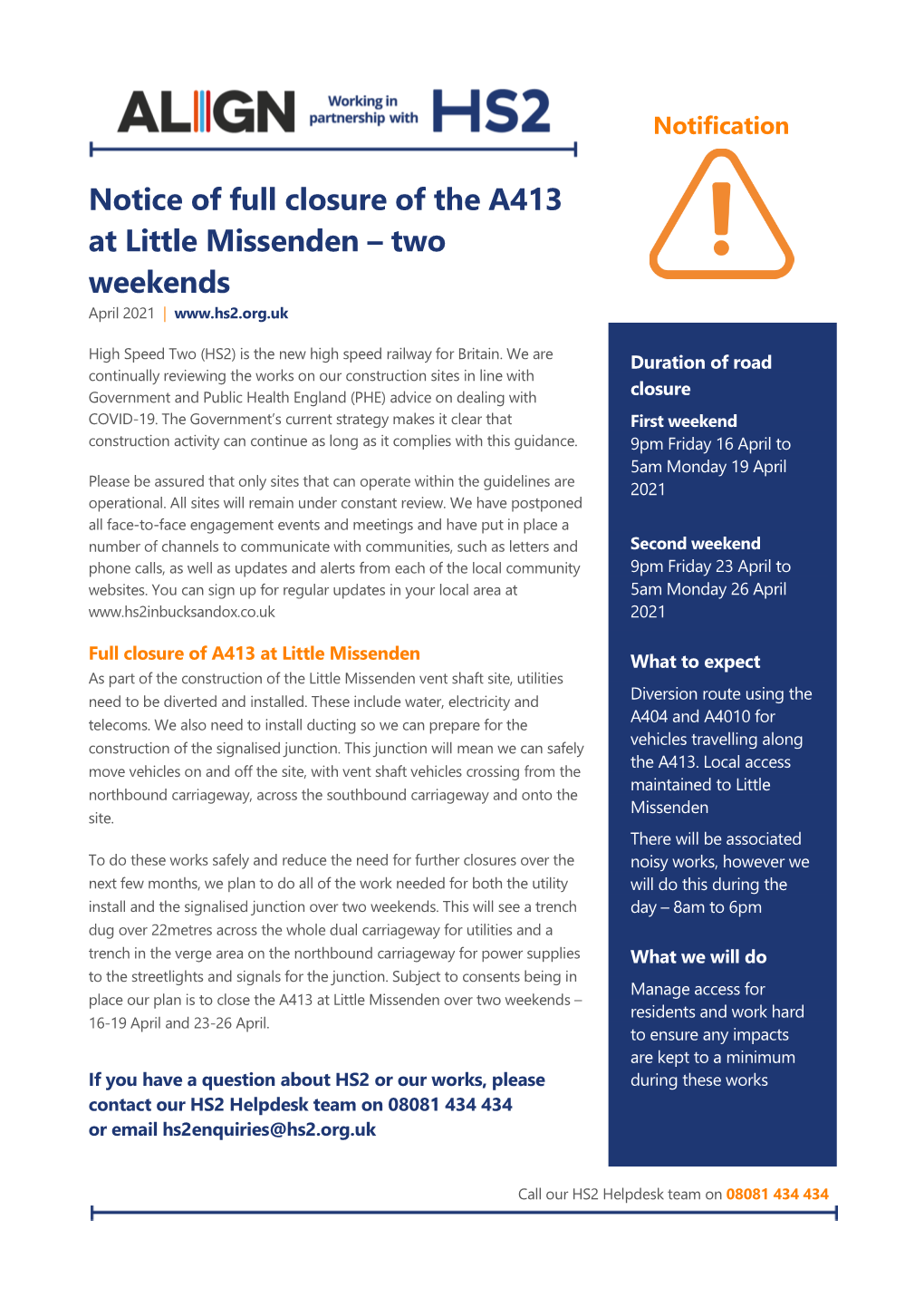 Notice of Full Closure of the A413 at Little Missenden – Two Weekends April 2021 |