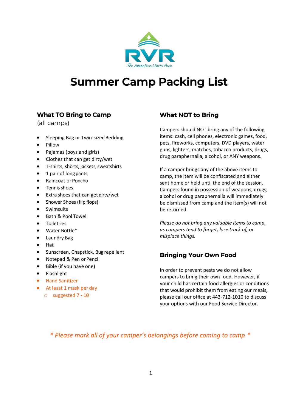 Summer Camp Packing List