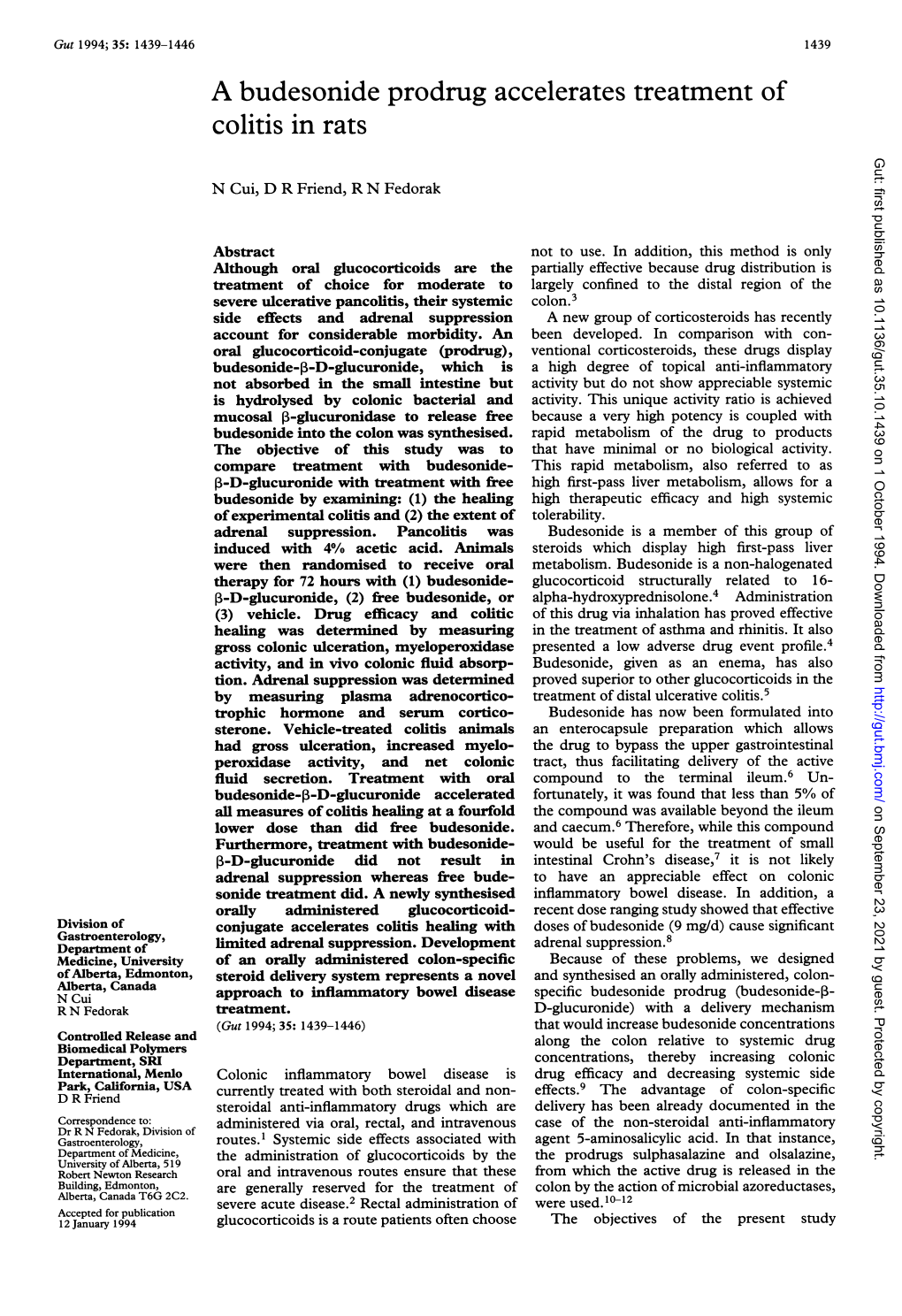 A Budesonide Prodrug Accelerates Treatment of Colitis in Rats Gut: First Published As 10.1136/Gut.35.10.1439 on 1 October 1994