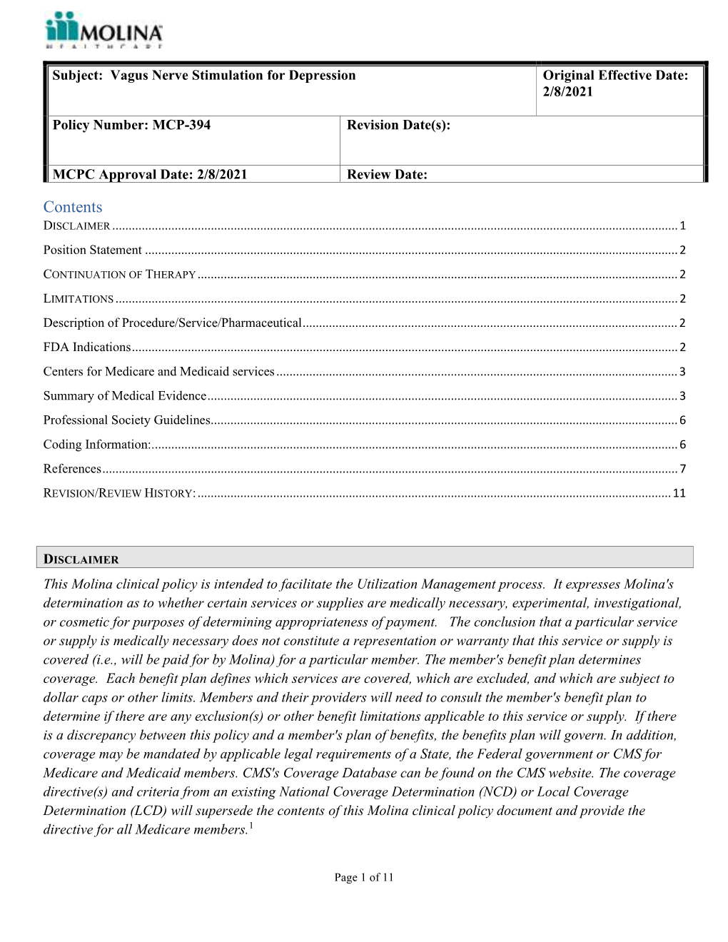 Vagus Nerve Stimulation for Depression Original Effective Date: 2/8/2021