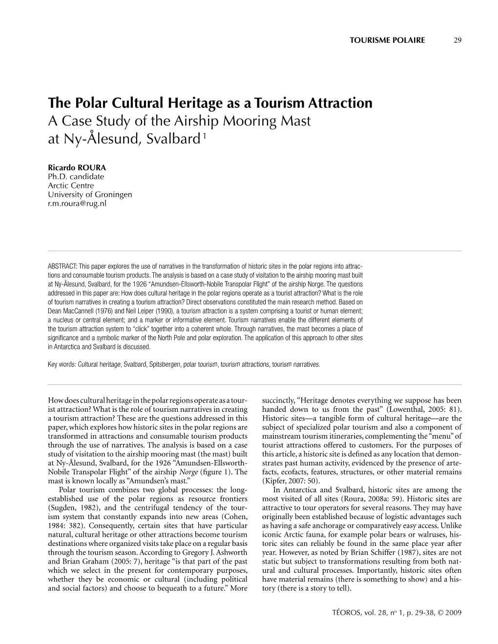 The Polar Cultural Heritage As a Tourism Attraction a Case Study of the Airship Mooring Mast at Ny-Ålesund, Svalbard 1