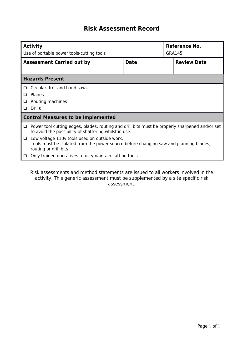 Risk Assessment Record