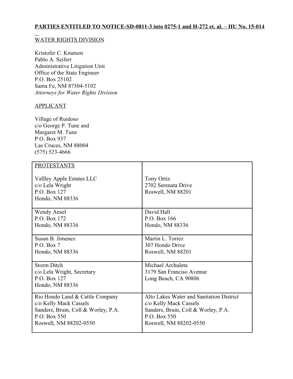 PARTIES ENTITLED to NOTICE-SD-0811-3 Into 0275-1 and H-272 Et. Al. HU No. 15-014