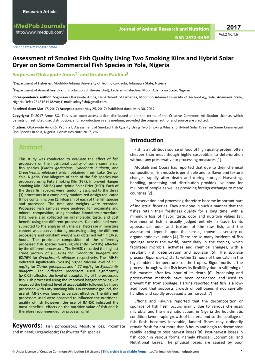 Assessment of Smoked Fish Quality Using Two Smoking Kilns And