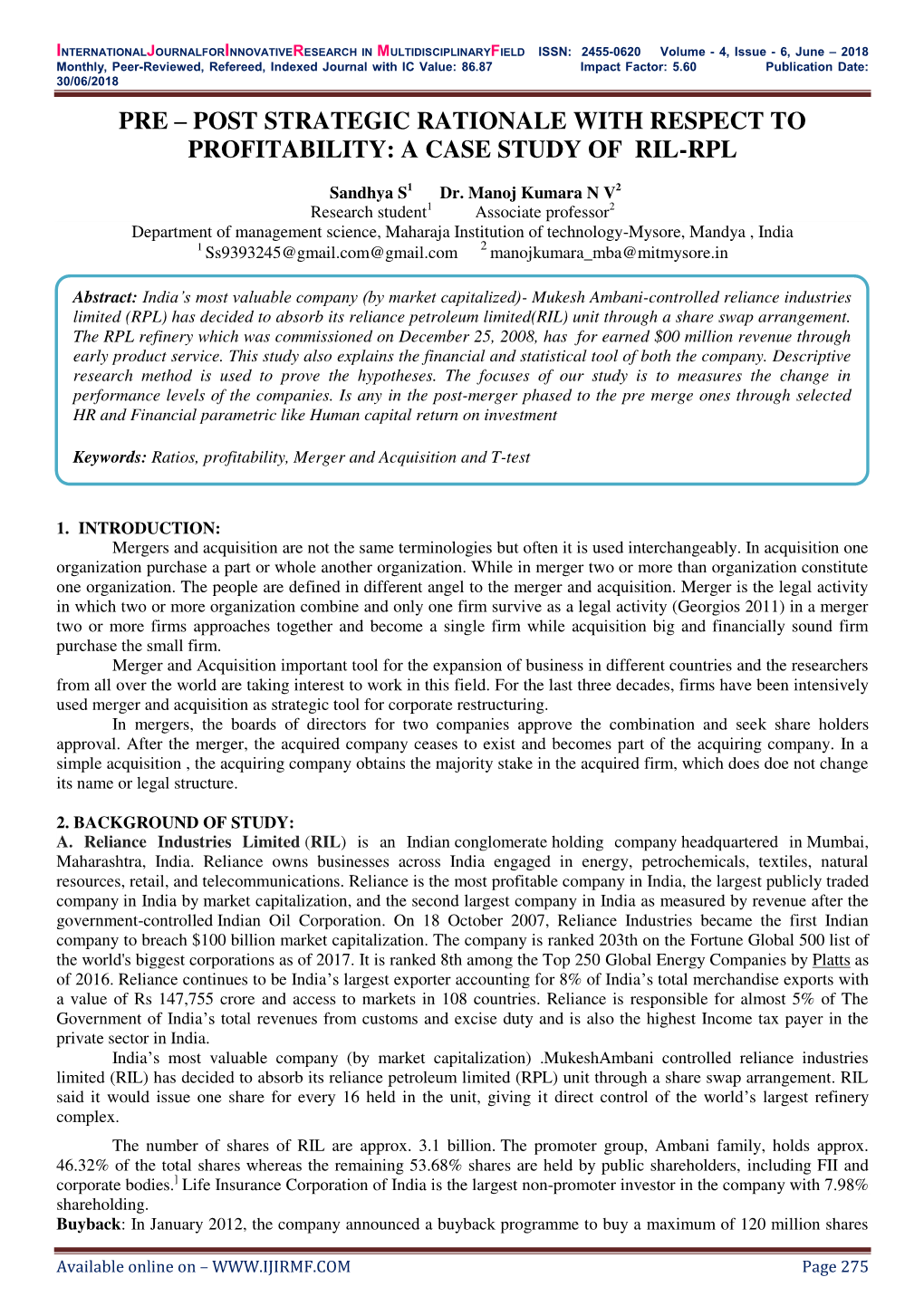 Post Strategic Rationale with Respect to Profitability: a Case Study of Ril-Rpl