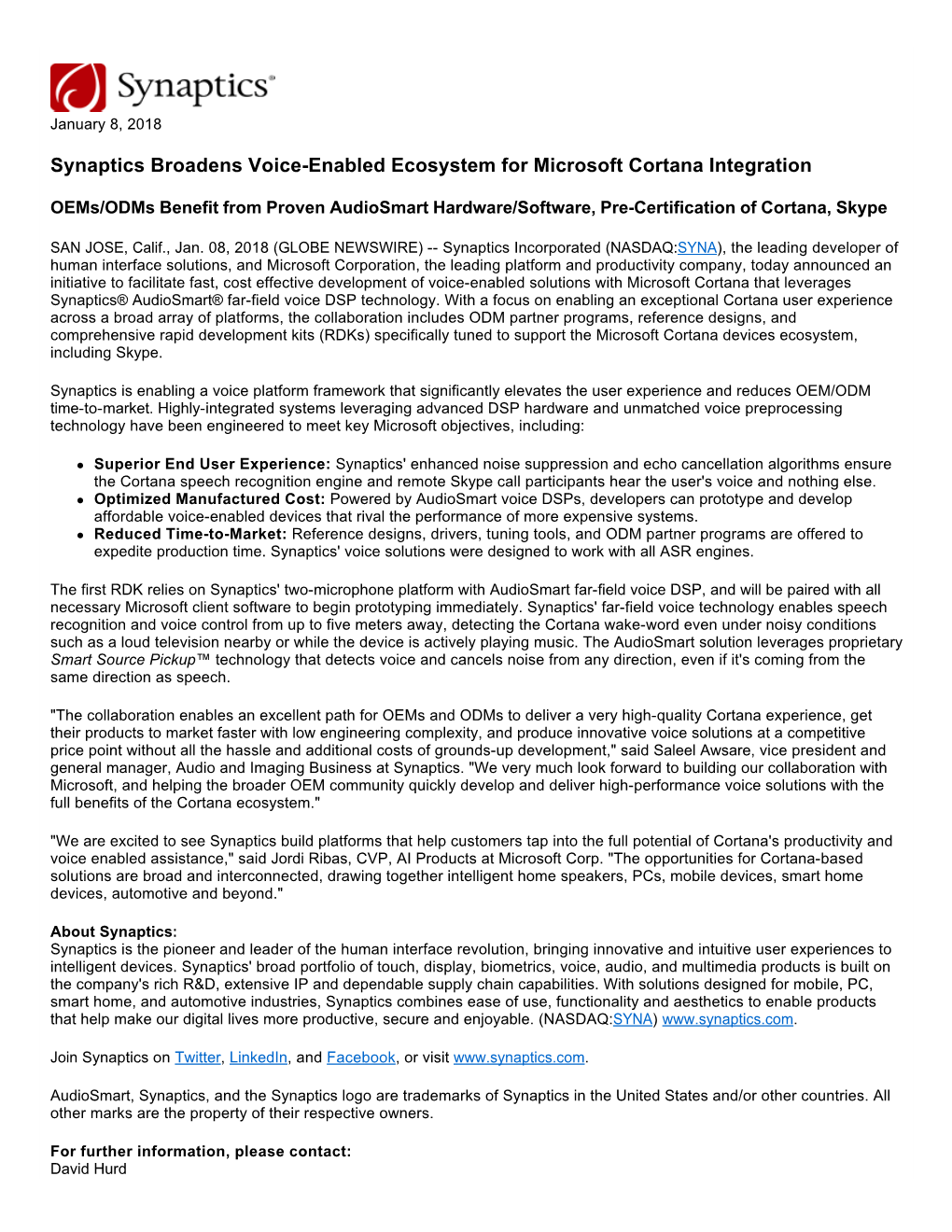 Synaptics Broadens Voice-Enabled Ecosystem for Microsoft Cortana Integration