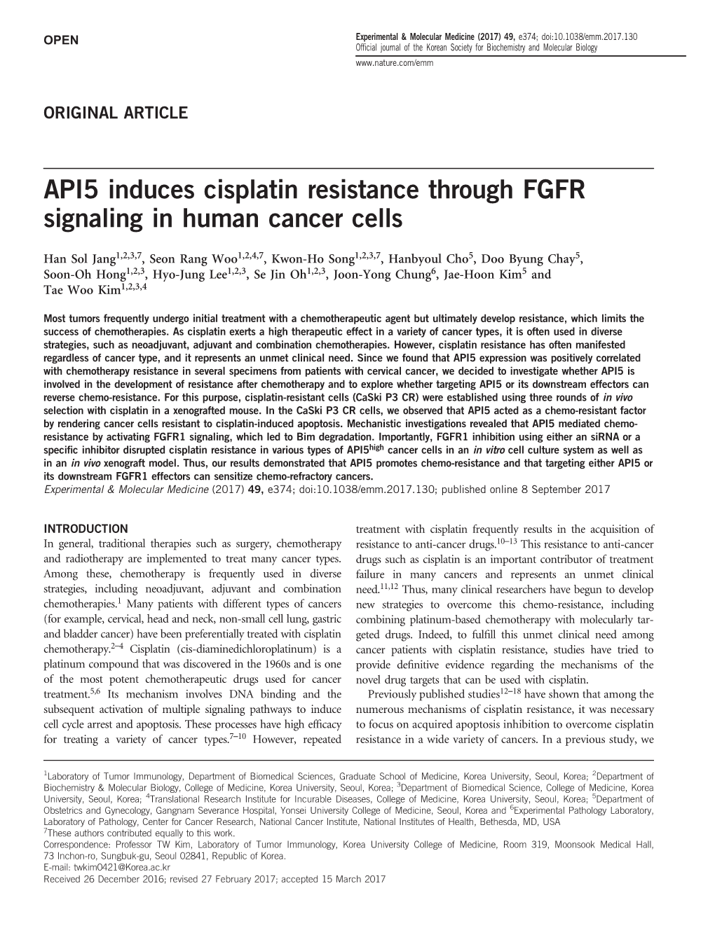 API5 Induces Cisplatin Resistance Through FGFR Signaling in Human Cancer Cells