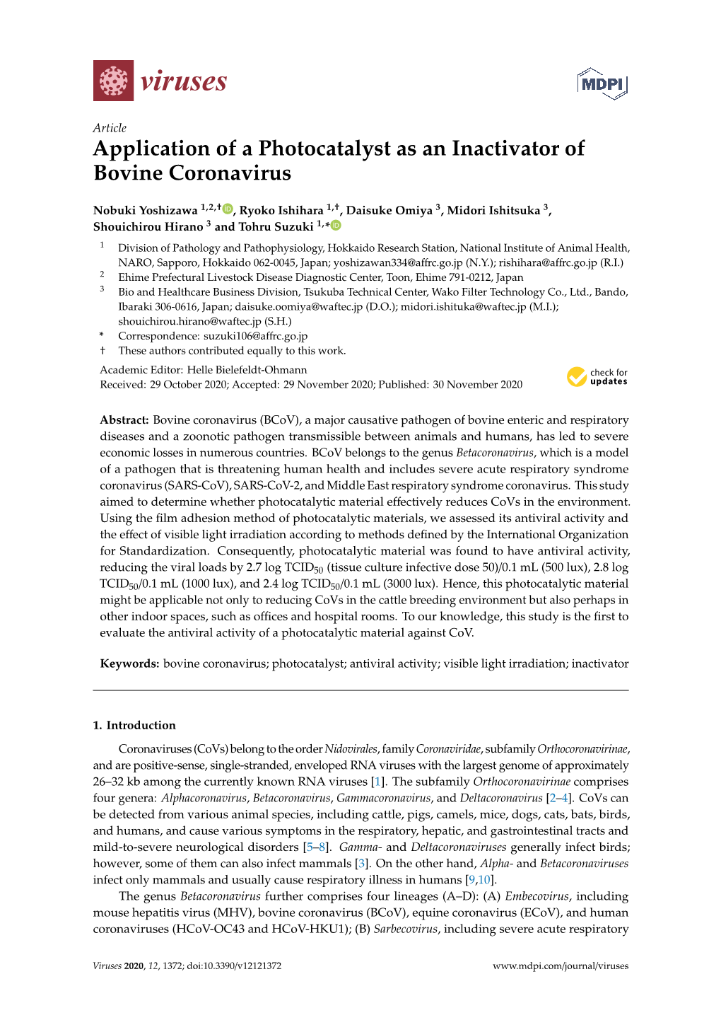 Application of a Photocatalyst As an Inactivator of Bovine Coronavirus