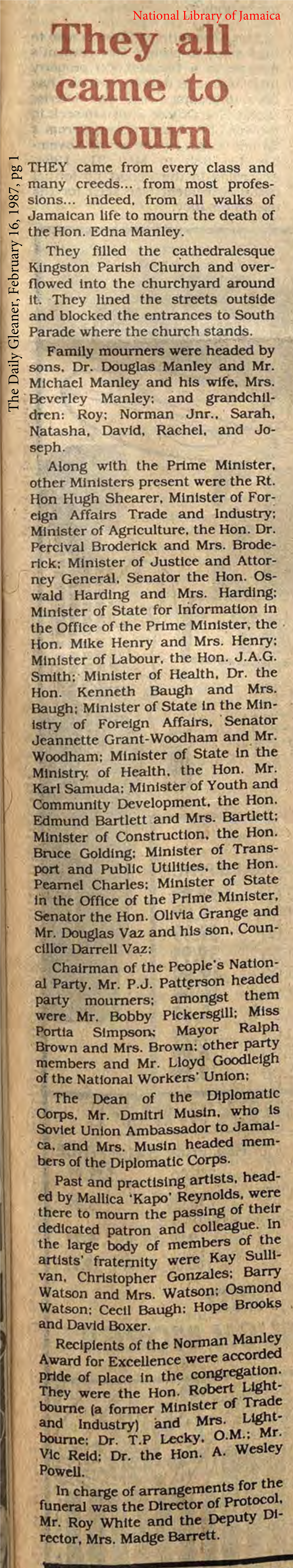 They All Came to Mourn. the Daily Gleaner, February 16, 1987 Page 1