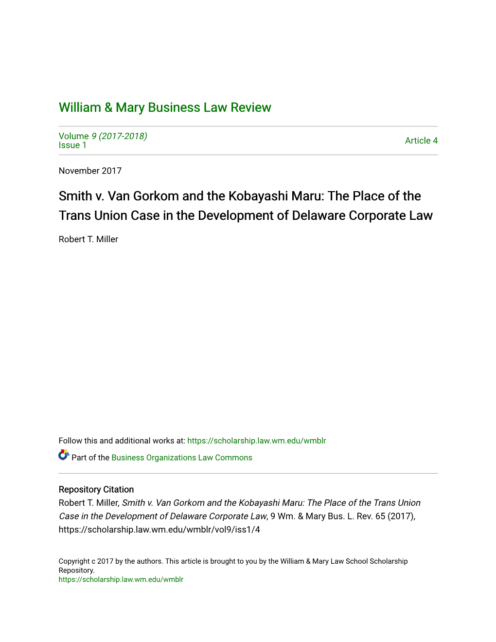 Smith V. Van Gorkom and the Kobayashi Maru: the Place of the Trans Union Case in the Development of Delaware Corporate Law