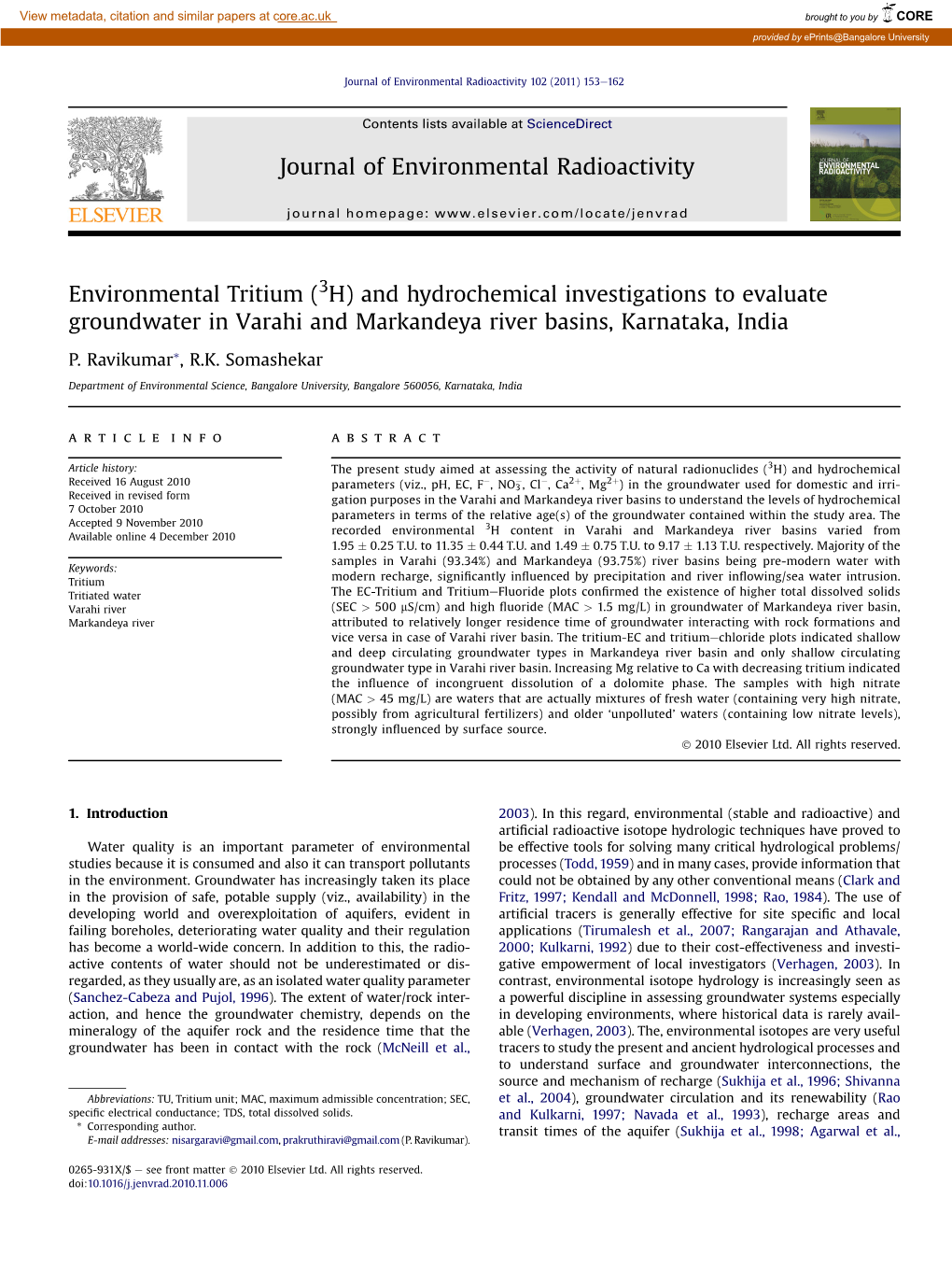 And Hydrochemical Investigations to Evaluate Groundwater in Varahi and Markandeya River Basins, Karnataka, India