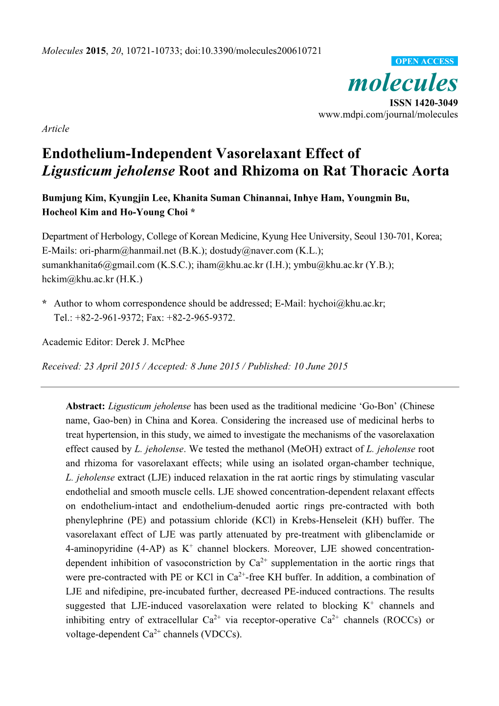 Endothelium-Independent Vasorelaxant Effect of Ligusticum Jeholense Root and Rhizoma on Rat Thoracic Aorta