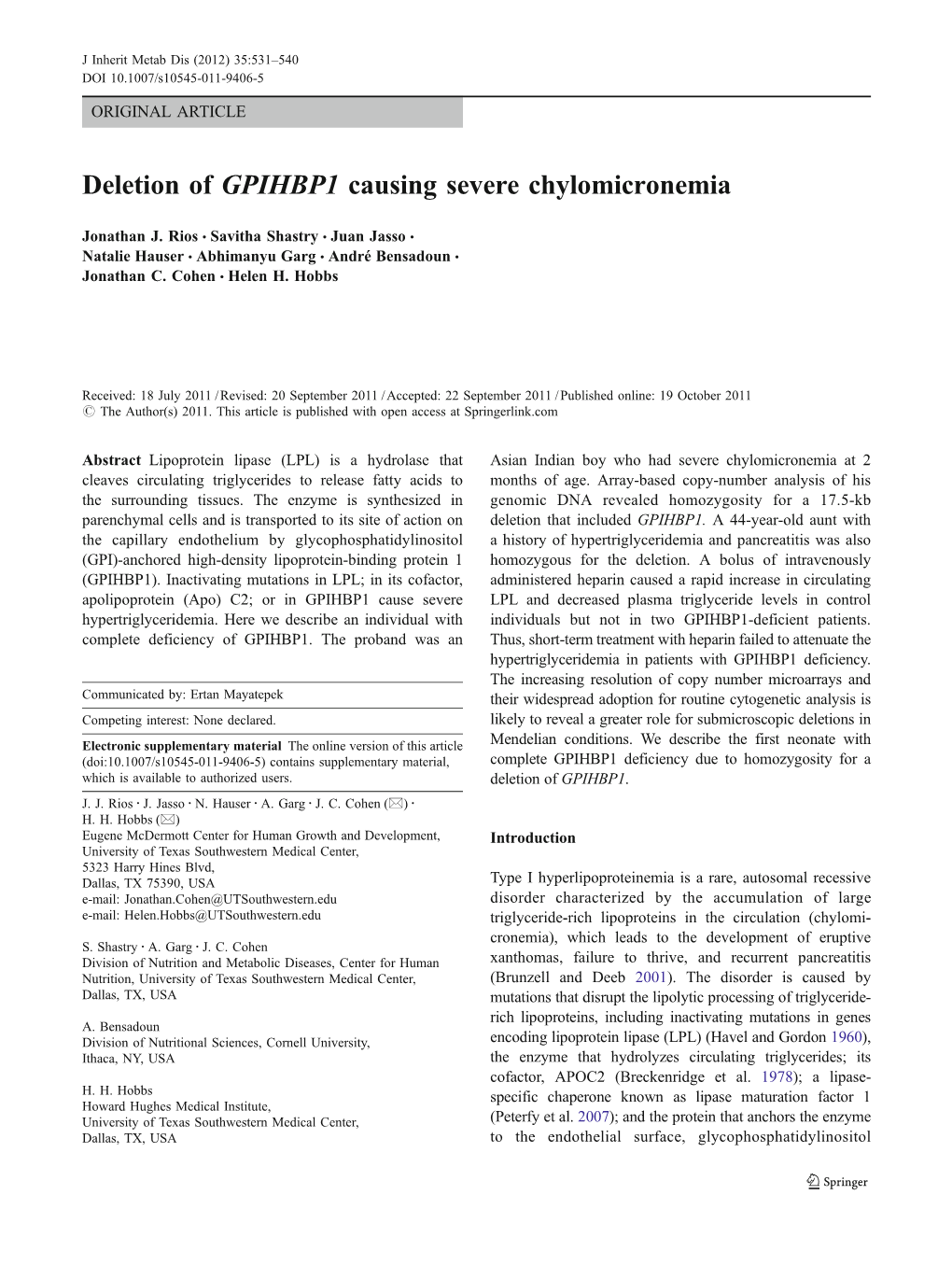 Deletion of GPIHBP1 Causing Severe Chylomicronemia