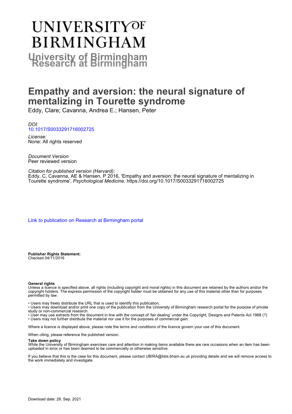 The Neural Signature of Mentalizing in Tourette Syndrome Eddy, Clare; Cavanna, Andrea E.; Hansen, Peter