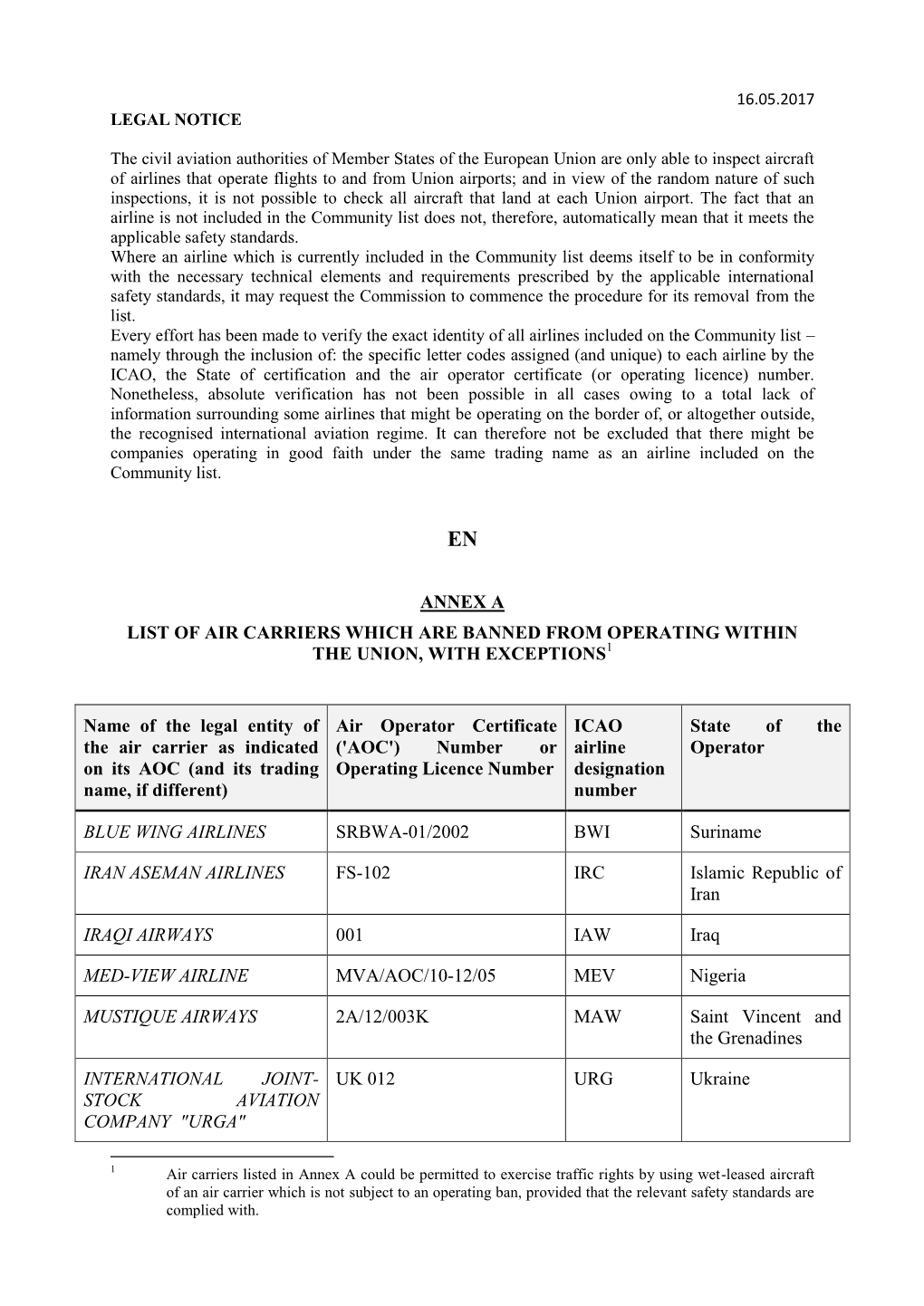 Annex a List of Air Carriers Which Are Banned from Operating Within the Union, with Exceptions1