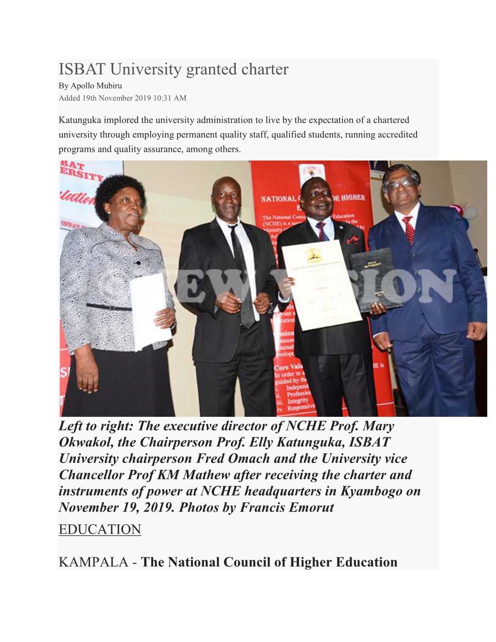 ISBAT University Granted Charter by Apollo Mubiru Added 19Th November 2019 10:31 AM