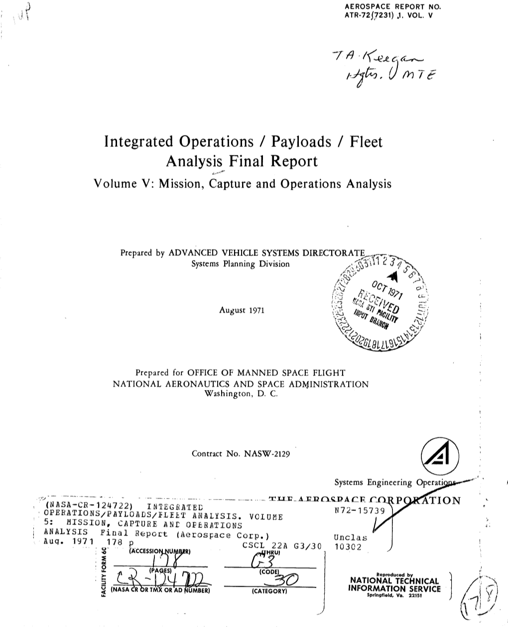 Integrated Operations / Payloads / Fleet Analysis Final Report Volume V: Mission, Capture and Operations Analysis