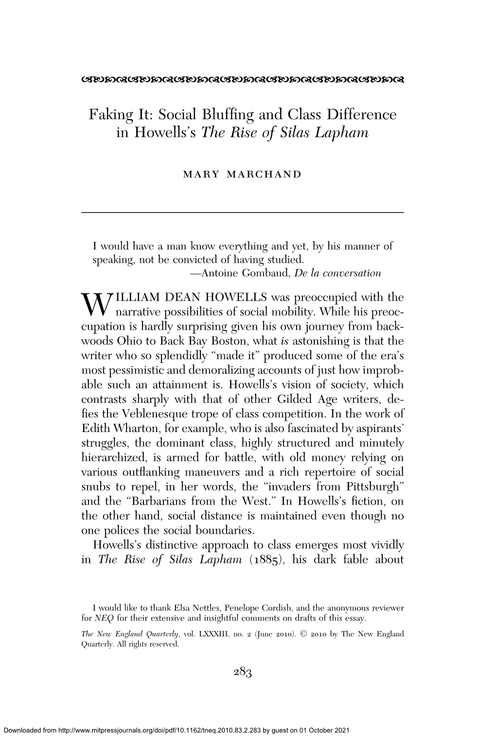 Social Bluffing and Class Difference in Howells's the Rise of Silas Lapham