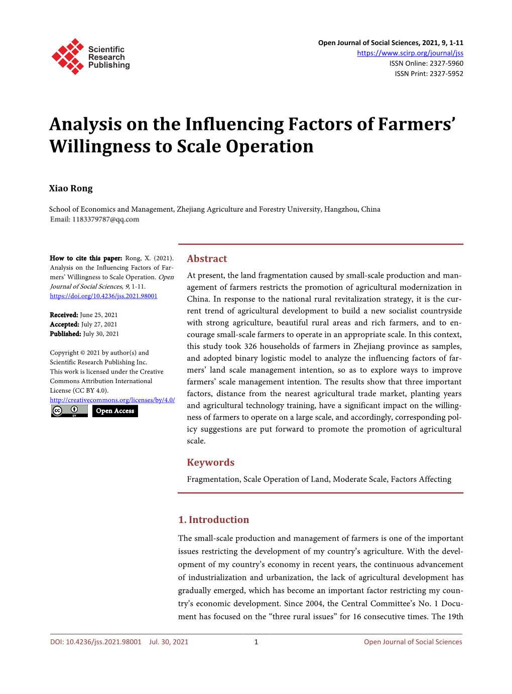Analysis on the Influencing Factors of Farmers' Willingness to Scale