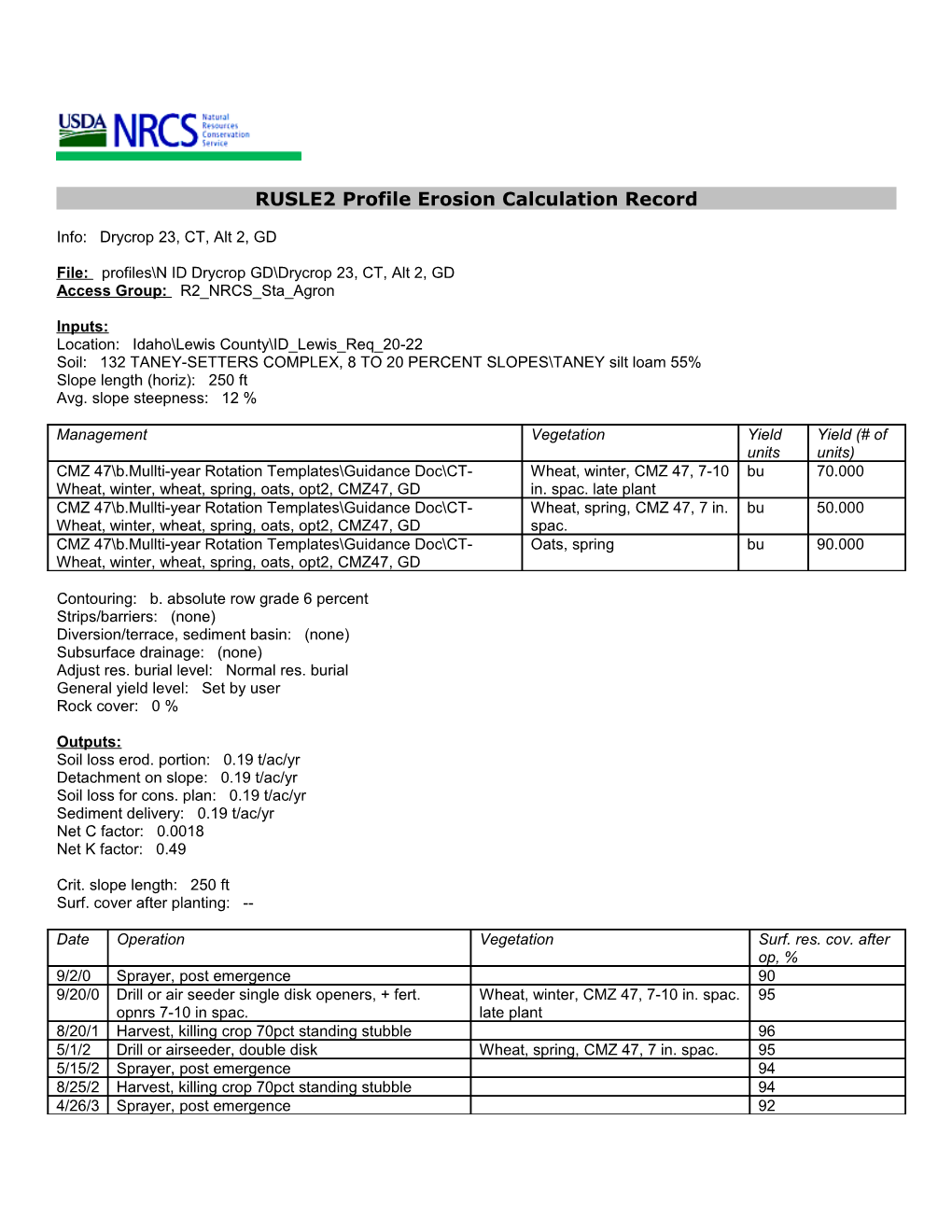 RUSLE2 Profile Erosion Calculation Record s1