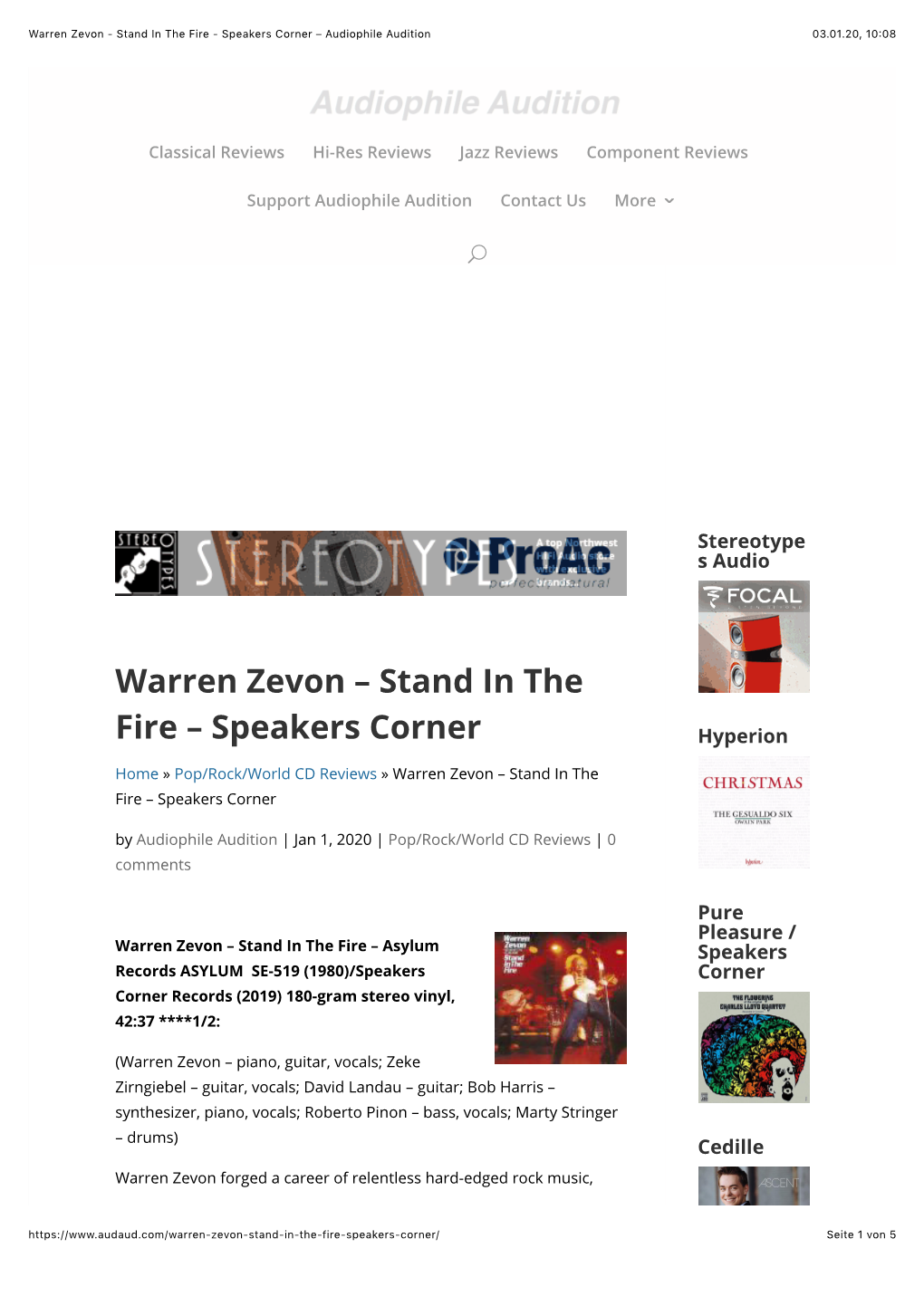 Warren Zevon – Stand in the Fire – Speakers Corner