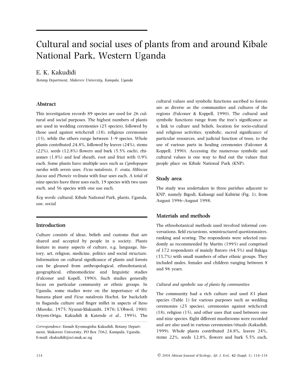 Cultural and Social Uses of Plants from and Around Kibale National Park, Western Uganda