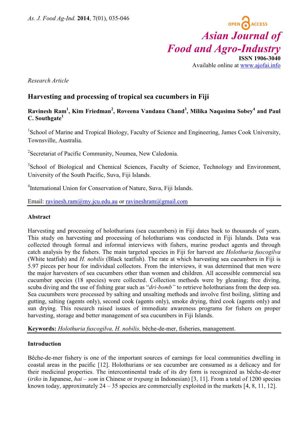 Harvesting and Processing of Tropical Sea Cucumbers in Fiji