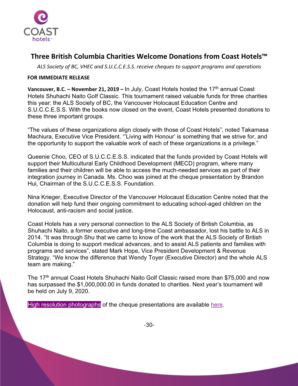 Three British Columbia Charities Welcome Donations from Coast Hotels™ ALS Society of BC, VHEC and S.U.C.C.E.S.S