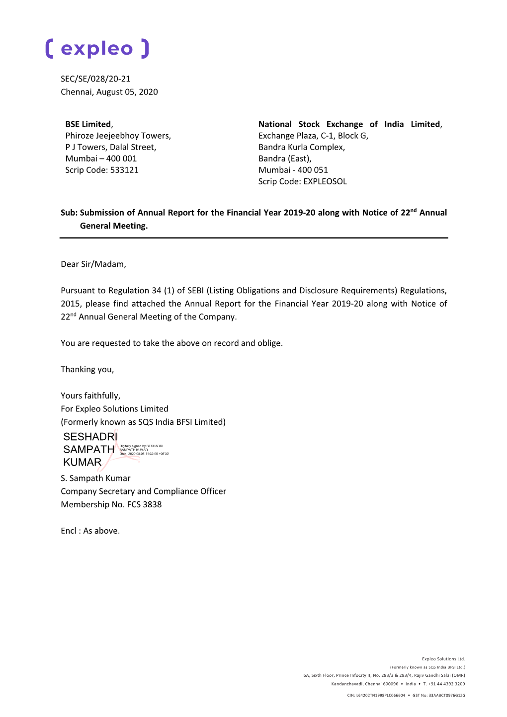 SEC/SE/028/20-21 Chennai, August 05, 2020 BSE Limited