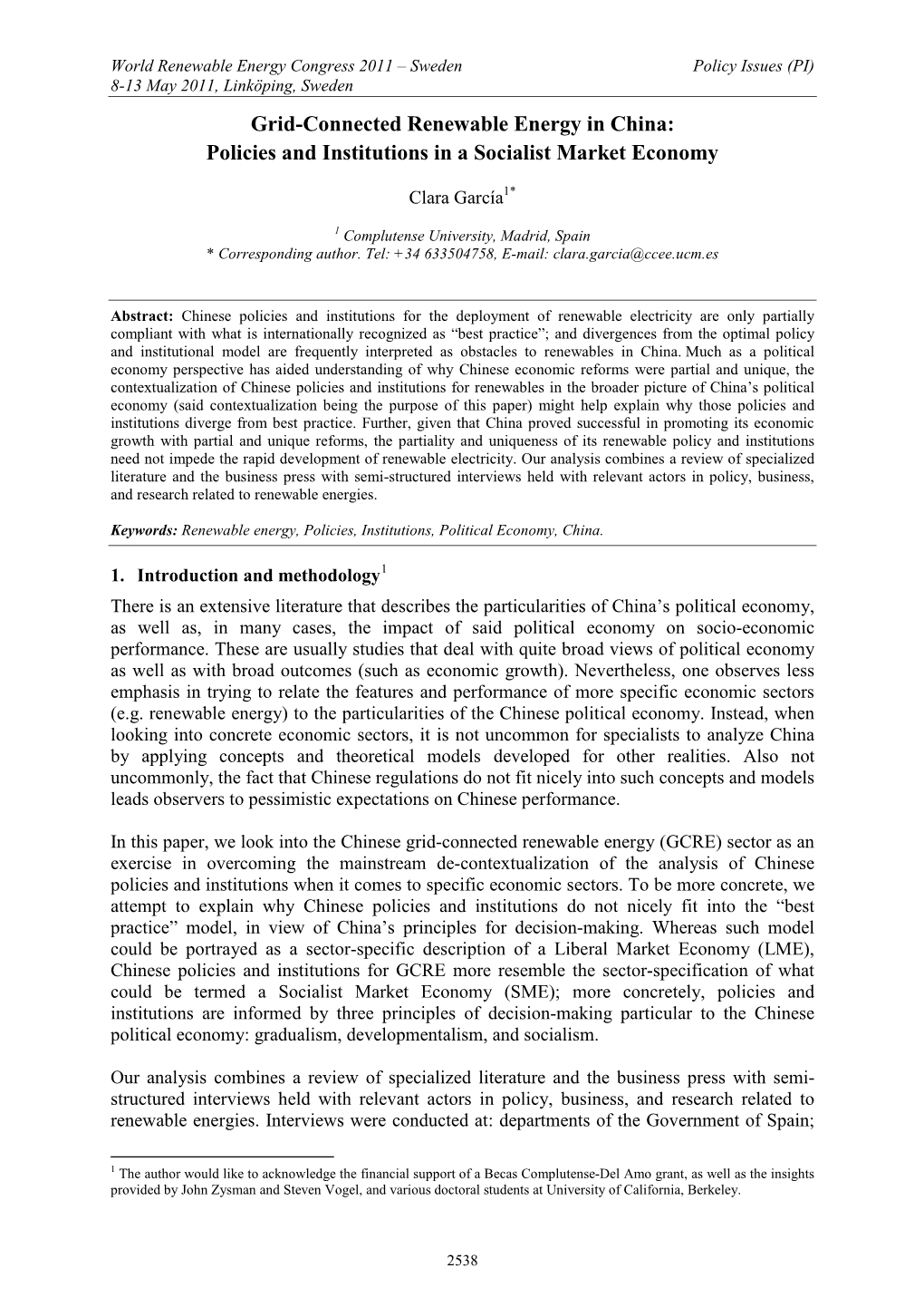 Grid-Connected Renewable Energy in China: Policies and Institutions in a Socialist Market Economy